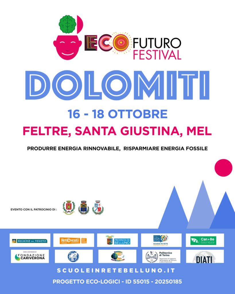 Locandina dell'Ecofuturo Festival Dolomiti, 16-18 ottobre 2026 a Feltre, Santa Giustina e Mel